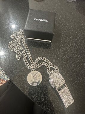 CHANEL Silver-Tone Chain Necklace with Rectangular Charm & CC Medallion